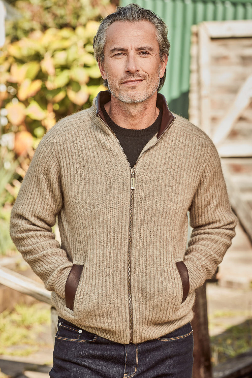 Rib Zip Jacket with Leather Trim