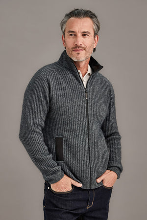 Rib Zip Jacket with Leather Trim - McDonald Textiles